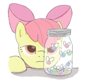 Size: 170x164 | Tagged: safe, artist:kleyime, apple bloom, earth pony, parasprite, pony, alice in chains, bow, jar, jar of flies, ponified, ponified album cover, simple background, solo, white background