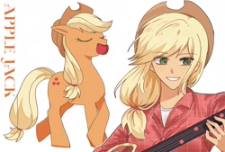 Size: 1775x1200 | Tagged: safe, artist:dontforgety0u, imported from derpibooru, applejack, earth pony, human, pony, apple, cute, eyes closed, female, floppy ears, food, grin, guitar, human ponidox, humanized, jackabetes, mare, mouth hold, musical instrument, name, self paradox, self ponidox, simple background, smiling, solo, white background