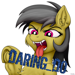 Size: 3500x3500 | Tagged: safe, artist:sassysvczka, imported from derpibooru, daring do, pegasus, pony, angry, bust, cheek fluff, chest fluff, ear fluff, fangs, frog (hoof), logo, open mouth, portrait, rawr, scary, simple background, text, tongue out, transparent background, underhoof