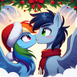 Size: 1024x1024 | Tagged: safe, imported from derpibooru, rainbow dash, soarin', ai content, ai generated, clothes, female, generator:bing image creator, hat, holly, kissing, male, prompter:*rainbow dash*, scarf, shipping, soarindash, straight