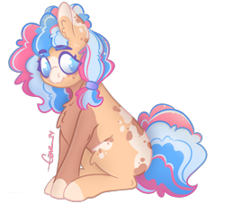 Size: 1472x1336 | Tagged: safe, artist:trashpanda czar, imported from derpibooru, oc, oc only, oc:cotton candy, earth pony, body markings, chest fluff, ear fluff, female, hair tie, looking at you, mare, poofy mane, simple background, sitting, transparent background