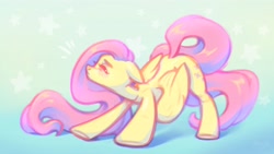 Size: 4096x2304 | Tagged: safe, artist:amishy, imported from derpibooru, fluttershy, pegasus, pony, abstract background, blush lines, blushing, cute, emanata, eyes closed, female, floppy ears, high res, mare, shyabetes, solo, stretching