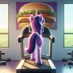 Size: 1024x1024 | Tagged: prompter needed, safe, imported from derpibooru, twilight sparkle, pony, unicorn, ai content, ai generated, burger, cheeseburger, female, food, generator:dall-e 3, gym, hamburger, indoors, mare, rear view, solo, that pony sure does love burgers, treadmill, twilight burgkle, unicorn twilight, window, wrong cutie mark