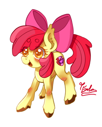 Size: 2400x3000 | Tagged: safe, artist:redlaserartist, imported from derpibooru, apple bloom, earth pony, pony, blushing, female, filly, foal, open mouth, simple background, smiling, solo, unshorn fetlocks, white background
