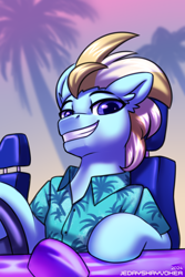 Size: 2000x3000 | Tagged: safe, alternate version, artist:jedayskayvoker, imported from derpibooru, oc, oc only, oc:miami machine, earth pony, pony, blue eyes, bust, car, clothes, earth pony oc, eyebrows, grand theft auto, grin, hawaiian shirt, high res, looking at you, male, portrait, shirt, signature, smiling, smiling at you, solo, stallion, staring at you