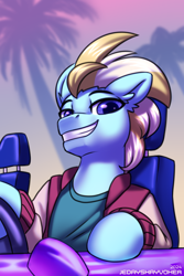 Size: 2000x3000 | Tagged: safe, alternate version, artist:jedayskayvoker, imported from derpibooru, oc, oc only, oc:miami machine, earth pony, pony, bust, car, clothes, earth pony oc, eyebrows, grin, high res, hotline miami, jacket, looking at you, male, portrait, signature, smiling, smiling at you, solo, stallion, staring at you, varsity jacket