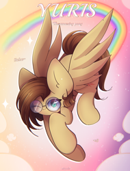 Size: 2200x2900 | Tagged: safe, artist:miryelis, imported from derpibooru, oc, oc only, oc:yuris, pegasus, pony, big ears, female, flying, glasses, looking at you, mare, rainbow, smiling, solo, text, wings