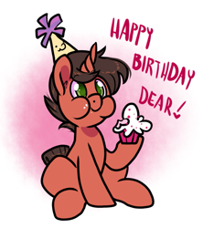 Size: 781x880 | Tagged: safe, artist:paperbagpony, imported from derpibooru, oc, oc:mars aurelian, unicorn, cupcake, food, happy birthday, hat, horn, party hat, unicorn oc