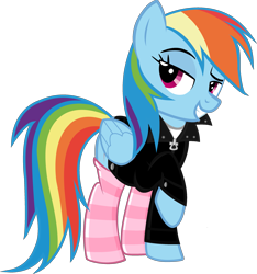 Size: 2577x2750 | Tagged: safe, artist:iamaveryrealperson, edit, imported from derpibooru, vector edit, rainbow dash, pegasus, pony, 2021, bedroom eyes, clothes, eyebrows, female, folded wings, jacket, leather, leather jacket, lidded eyes, looking at someone, looking at something, mare, ms paint, pink socks, programming socks, raised eyebrow, raised hoof, simple background, smiling, socks, solo, striped socks, thigh highs, transparent background, vector, white socks, wings