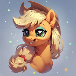 Size: 1024x1024 | Tagged: safe, imported from derpibooru, applejack, earth pony, pony, ai assisted, ai content, ai generated, applejack's hat, beautiful, cowboy hat, cute, ear fluff, eyeshadow, fluffy, generator:purplesmart.ai, generator:stable diffusion, green eyes, grin, happy, happy face, hat, makeup, prompter:saltyvity, simple background, smiling, solo, sparkles, starry eyes, stars, wingding eyes, yellow mane