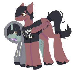 Size: 1444x1396 | Tagged: safe, artist:clandestine, imported from derpibooru, pegasus, pony, unicorn, clothes, emo, eyeliner, fall out boy, hoodie, makeup, messy tail, pete wentz, ponified, scar, self harm, self harm scars, shirt, simple background, skrillex, t-shirt, tail, transparent background, wings