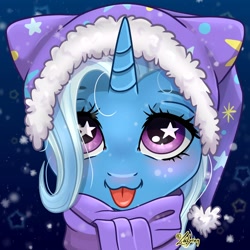 Size: 1748x1748 | Tagged: safe, artist:lailyren, imported from derpibooru, trixie, pony, unicorn, :3, blushing, bust, clothes, commission, cute, diatrixes, female, hat, looking at you, mare, scarf, smiling, smiling at you, snow, snowfall, solo, starry eyes, tongue out, trixie's hat, wingding eyes, ych result