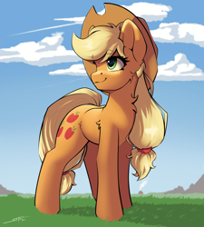 Size: 3600x4000 | Tagged: safe, artist:skitsroom, imported from derpibooru, applejack, earth pony, pony, cloud, eyebrows, eyebrows visible through hair, female, high res, mare, smiling, solo, wind