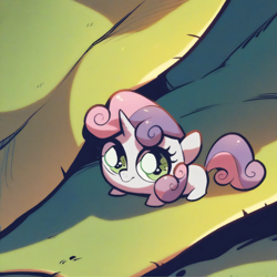 Size: 4096x4096 | Tagged: safe, imported from derpibooru, sweetie belle, pony, unicorn, absurd resolution, ai content, ai generated, big head, blank flank, closed mouth, cute, female, filly, foal, leaf, looking at you, micro, plant, pointy legs, simple background, smiling, smiling at you, smol, solo, tiny, upscaled