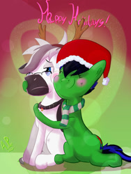 Size: 1500x2000 | Tagged: safe, alternate version, artist:ace play, imported from derpibooru, oc, oc only, oc:lupi, oc:snoopy stallion, earth pony, pony, unicorn, antlers, blushing, christmas, clothes, collar, duo, earth pony oc, female, glasses, hat, heart, holiday, horn, hug, male, mare, oc x oc, reindeer antlers, santa hat, scarf, shipping, sitting, smiling, stallion, straight, unamused, unicorn oc