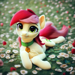 Size: 4096x4096 | Tagged: safe, imported from derpibooru, roseluck, pony, 3d, ai content, ai generated, collar, cute, fluffy, generator:purplesmart.ai, generator:stable diffusion, lying down, pet tag, pony pet, prompter:doom9454, rosepet