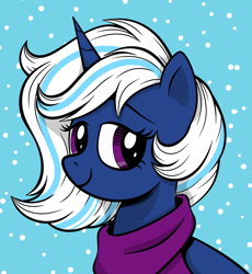 Size: 2716x2952 | Tagged: safe, artist:feather_bloom, imported from derpibooru, oc, oc:snowy smarty, pony, unicorn, clothes, comic style, commission, scarf, simple background, simple shading, snow, snowfall, solo