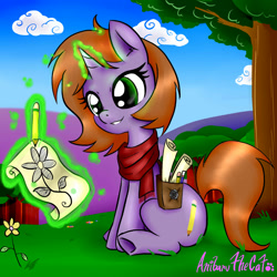 Size: 1500x1500 | Tagged: safe, artist:anibaruthecat, oc, oc only, unicorn, background, brown mane, clothes, female, flower, green eyes, horn, magic, pencil, scarf, scroll, sketching, smiling, solo, telekinesis, unicorn oc