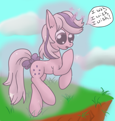 Size: 587x617 | Tagged: safe, artist:nat998877, imported from derpibooru, twilight, unicorn, my little pony 'n friends, rescue at midnight castle, cliff, full body, g1, grass, magic, pink coat, sky, solo, sparkly eyes, white mane, wingding eyes