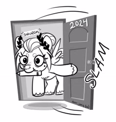 Size: 3017x3173 | Tagged: safe, artist:opalacorn, imported from derpibooru, oc, oc only, oc:void, pegasus, pony, beanbrows, black and white, door, door slam, eyebrows, female, grayscale, laurel wreath, male, mare, monochrome, mouth hold, pencil drawing, simple background, solo, traditional art, unshorn fetlocks, white background