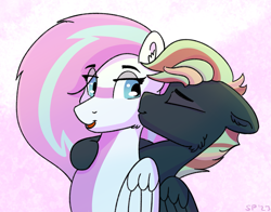 Size: 1675x1314 | Tagged: safe, artist:single purpose, imported from derpibooru, oc, oc only, oc:dyn, oc:treading step, pegasus, pony, cheek fluff, cheek kiss, duo, duo male, eyes closed, folded wings, kissing, male, multicolored hair, oc x oc, open mouth, shipping, simple background, wings