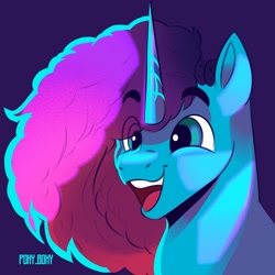 Size: 1500x1500 | Tagged: safe, artist:poxy_boxy, imported from derpibooru, pony, unicorn, bust, eye clipping through hair, eyebrows, eyebrows visible through hair, female, g5, mare, misty brightdawn, open mouth, open smile, purple background, rebirth misty, signature, simple background, smiling, solo