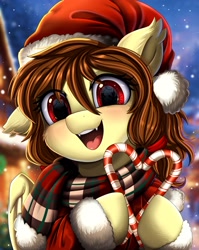 Size: 2550x3209 | Tagged: safe, artist:pridark, imported from derpibooru, oc, oc only, oc:noctalia, bat pony, pony, bat pony oc, bat wings, candy, candy cane, christmas, clothes, commission, cute, fangs, food, hat, holiday, one ear down, open mouth, pridark is trying to murder us, santa hat, scarf, snow, snowfall, solo, striped scarf, wings, ych result