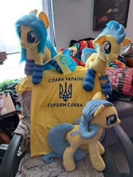 Size: 640x853 | Tagged: artist needed, safe, imported from derpibooru, oc, oc only, earth pony, pegasus, pony, cyrillic, earth pony oc, flag, irl, nation ponies, pegasus oc, photo, plushie, ponified, ukraine, ukrainian, wings