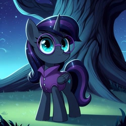 Size: 1024x1024 | Tagged: prompter needed, safe, imported from derpibooru, oc, oc only, oc:nyx, alicorn, pony, ai content, ai generated, clothes, female, filly, foal, full body, generator:dall-e 3, glasses, grass, looking up, night, night sky, outdoors, sky, solo, stars, tree