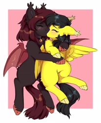 Size: 2100x2538 | Tagged: safe, artist:cheekipone, oc, oc only, oc:banan, bat pony, pony, bat pony oc, bat wings, blushing, cloven hooves, collar, cuddling, duo, ear tufts, eyes closed, female, kissing, lesbian, mare, meta, simple background, spread wings, tags, unshorn fetlocks, wings