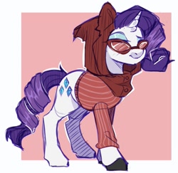 Size: 1347x1308 | Tagged: safe, artist:cheekipone, rarity, pony, unicorn, clothes, cloven hooves, female, hood, mare, raised eyebrow, shirt, simple background, solo, standing, sunglasses