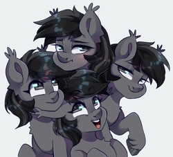 Size: 2048x1857 | Tagged: safe, artist:cheekipone, oc, oc only, oc:grey matter, bat pony, pony, bat pony oc, blushing, ear tufts, embarrassed, female, looking back, looking up, mare, open mouth, quartet, raised hoof, simple background, smiling, teeth, unshorn fetlocks, white background