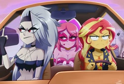 Size: 1440x978 | Tagged: safe, artist:the-butch-x, imported from derpibooru, sunset shimmer, anthro, hellhound, human, equestria girls, 2d, belly button, breasts, car, cleavage, earpiece, eyeshadow, female, fingernails, geode of empathy, helluva boss, jewelry, lidded eyes, loona (helluva boss), magical geodes, makeup, middle finger, midriff, miss heed, nail polish, unamused, vehicle, villainous, vulgar