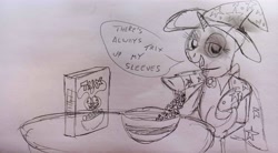 Size: 4160x2303 | Tagged: safe, artist:dhm, imported from derpibooru, trixie, pony, breakfast, cereal, drawthread, food, monochrome, sketch, solo, speech bubble, table, traditional art, trix