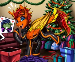 Size: 2834x2344 | Tagged: safe, artist:pridark, imported from derpibooru, oc, oc only, oc:fireheart(fire), oc:grey hat, bat pony, bat pony oc, bat wings, christmas, christmas tree, holiday, latex, latex suit, present, rubber, rubber suit, tree, wings