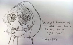 Size: 4160x2561 | Tagged: safe, artist:dhm, imported from derpibooru, oc, oc:filly anon, pony, clothes, female, filly, hoodie, meme, monochrome, sketch, solo, sunglasses, ted kaczynski, traditional art, unibomber