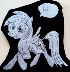 Size: 2585x2657 | Tagged: safe, artist:dhm, imported from derpibooru, rainbow dash, pony, greeting, monochrome, paper towels, sketch, solo, speech bubble, traditional art