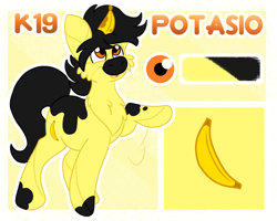 Size: 2500x2000 | Tagged: safe, artist:euspuche, imported from derpibooru, oc, oc only, oc:potasio, robot, unicorn, banana, food, looking up, male, reference sheet, smiling, solo, waving