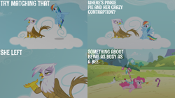 Size: 2000x1125 | Tagged: safe, edit, edited screencap, editor:quoterific, imported from derpibooru, screencap, gilda, pinkie pie, rainbow dash, griffon the brush off, cloud, on a cloud, sitting, sitting on a cloud