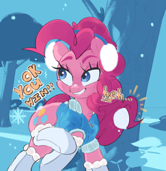 Size: 2405x2474 | Tagged: safe, artist:maremagnet, imported from derpibooru, pinkie pie, earth pony, pony, chest fluff, clothes, dialogue, earmuffs, grin, jacket, lidded eyes, simple background, smiling, snow, snowball, snowball fight, snowflake, socks, solo, thigh highs