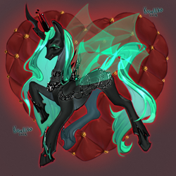 Size: 2048x2048 | Tagged: safe, artist:kisullkaart, imported from derpibooru, queen chrysalis, changeling, changeling queen, pony, concave belly, female, heart, mare, signature, slender, solo, thin