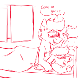 Size: 900x900 | Tagged: safe, artist:fuckomcfuck, imported from derpibooru, oc, oc:doodles, oc:joystick, earth pony, pegasus, pony, bed, glasses, pillow, plushie, simple background, speech bubble, white background