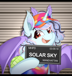 Size: 994x1038 | Tagged: safe, artist:higgly-chan, imported from derpibooru, oc, oc only, oc:solar sulfure, bat pony, insect, moth, mothpony, original species, pony, unicorn, antennae, badge, barbie, barbie (film), barbie mugshot meme, bat wings, beauty mark, bust, chest fluff, clothes, con badge, ear fluff, elbow pads, fangs, female, half body, happy, hat, holding, hybrid oc, line-up, looking at you, meme, mugshot, portrait, raised hoof, solo, tanktop, visor, wings