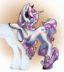 Size: 1887x2126 | Tagged: safe, artist:kisullkaart, imported from derpibooru, fleur-de-lis, pony, unicorn, concave belly, female, leaning forward, leaning on somepony, looking at you, mare, signature, slender, smiling, solo, thin