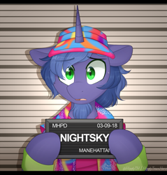 Size: 991x1038 | Tagged: safe, artist:higgly-chan, imported from derpibooru, oc, oc only, oc:nightsky, pony, unicorn, badge, barbie, barbie (film), barbie mugshot meme, beard, bust, clothes, con badge, eye clipping through hair, facial hair, half body, hat, holding, jacket, looking at you, male, meme, mugshot, nervous, portal, scared, shirt, solo, stallion, sweat, sweatdrop, t-shirt, visor, wristband
