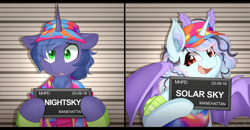 Size: 2000x1038 | Tagged: safe, artist:higgly-chan, imported from derpibooru, oc, oc only, oc:nightsky, oc:solar sulfure, bat pony, insect, moth, mothpony, original species, pony, unicorn, antennae, badge, barbie, barbie (film), barbie mugshot meme, bat wings, beard, beauty mark, bust, chest fluff, clothes, con badge, duo, duo male and female, ear fluff, elbow pads, eye clipping through hair, facial hair, fangs, female, floppy ears, half body, happy, hat, holding, hybrid oc, jacket, line-up, looking at you, male, meme, mugshot, nervous, portal, portrait, raised hoof, scared, shirt, stallion, sweat, sweatdrop, t-shirt, tanktop, visor, wings, wristband