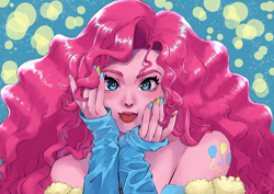 Size: 8598x6071 | Tagged: safe, artist:shinywatermelon, imported from derpibooru, pinkie pie, human, equestria girls, abstract background, bust, cutie mark, cutie mark on human, female, hand on face, humanized, looking at you, painted nails, portrait, solo, solo female, tongue out