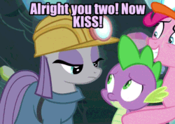 Size: 610x432 | Tagged: safe, edit, edited screencap, editor:undeadponysoldier, imported from ponybooru, screencap, maud pie, pinkie pie, spike, dragon, earth pony, pony, rock solid friendship, cave, clothes, female, gem, gem cave, helmet, implied kissing, light, male, mare, maudspike, mining helmet, nervous, shipper on deck, shipping, straight