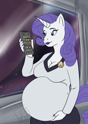 Size: 1614x2283 | Tagged: safe, artist:randomgirl1265, imported from derpibooru, rarity, anthro, unicorn, belly, big belly, breasts, busty rarity, cleavage, crossover, lipstick, planet, preggity, pregnant, scanner, smiling, space, spaceship, star trek