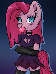 Size: 1500x2000 | Tagged: safe, artist:bubblegooey, imported from derpibooru, pinkie pie, anthro, unguligrade anthro, blue eyes, blush sticker, blushing, bubblegum, chewing, chewing gum, choker, clothes, crossed arms, cute, cuteamena, dress, ear fluff, eating, female, food, gloves, goth, gradient background, gum, lidded eyes, looking at you, pink hair, pinkamena diane pie, purple dress, signature, socks, solo, spiked choker, stockings, straight hair, tail, thigh highs